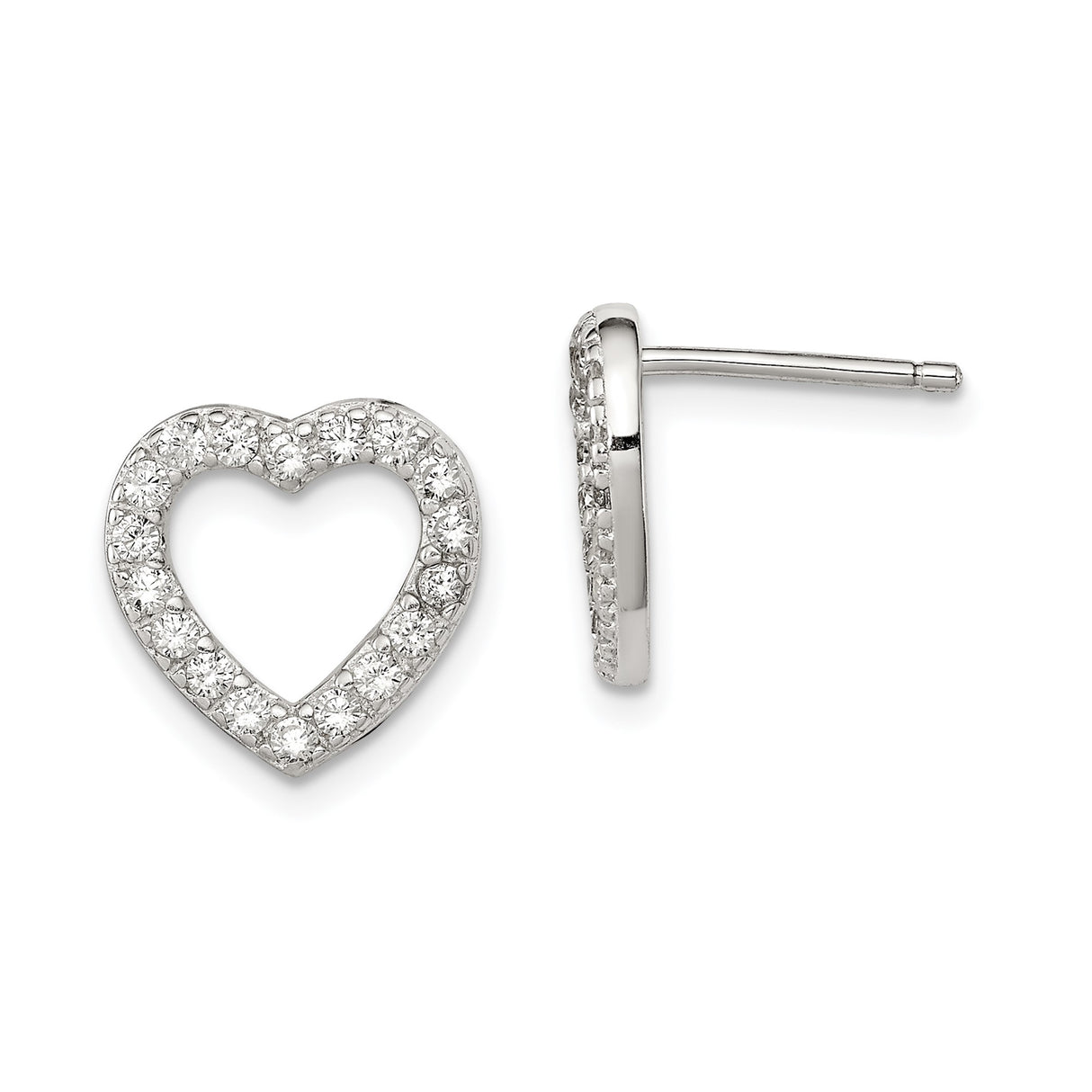 Sterling Silver Heart Stud Earrings with Cubic Zirconia, Cutout Open Heart Design for Women