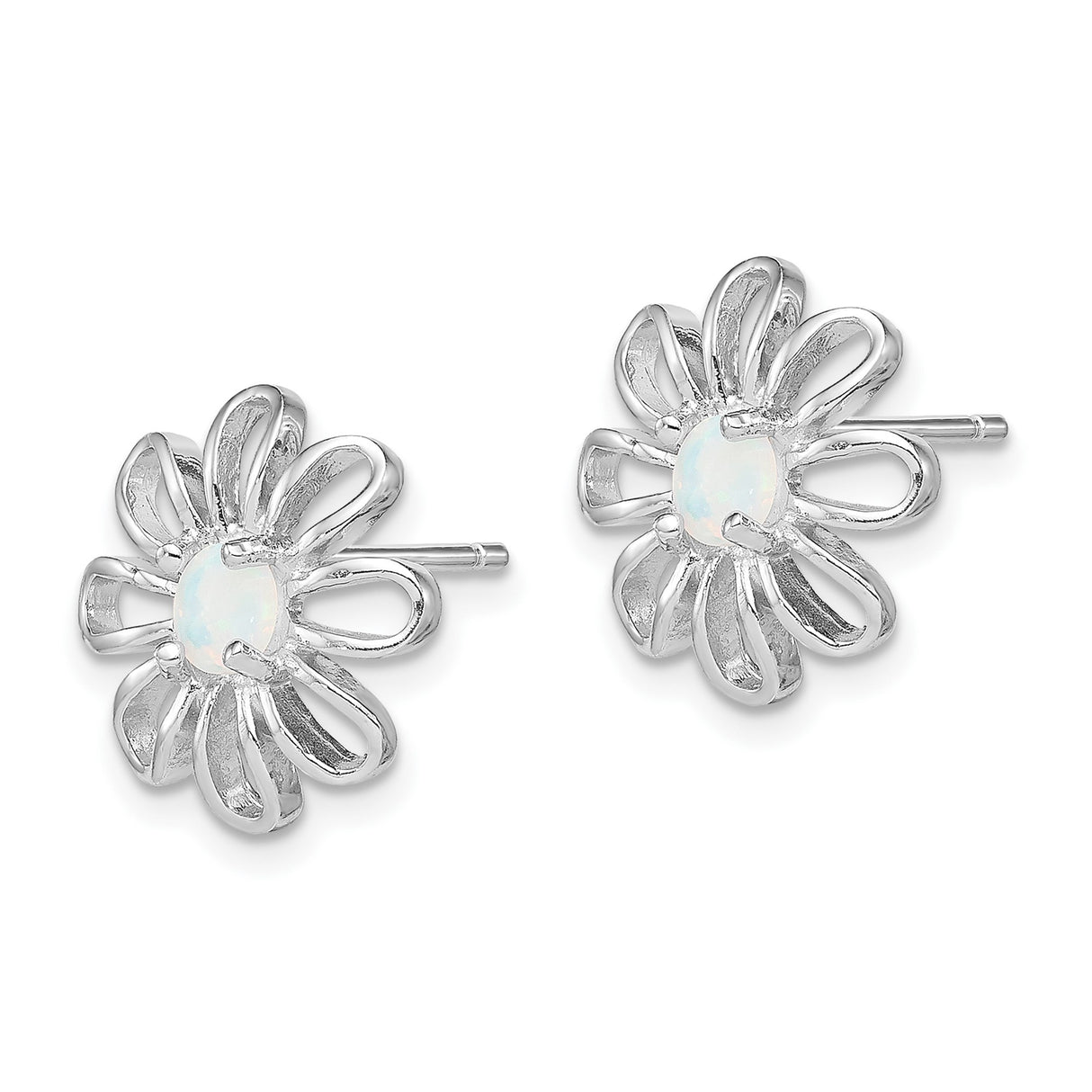 Sterling Silver Flower Stud Earrings with Created Opal Center and Open Petal Design