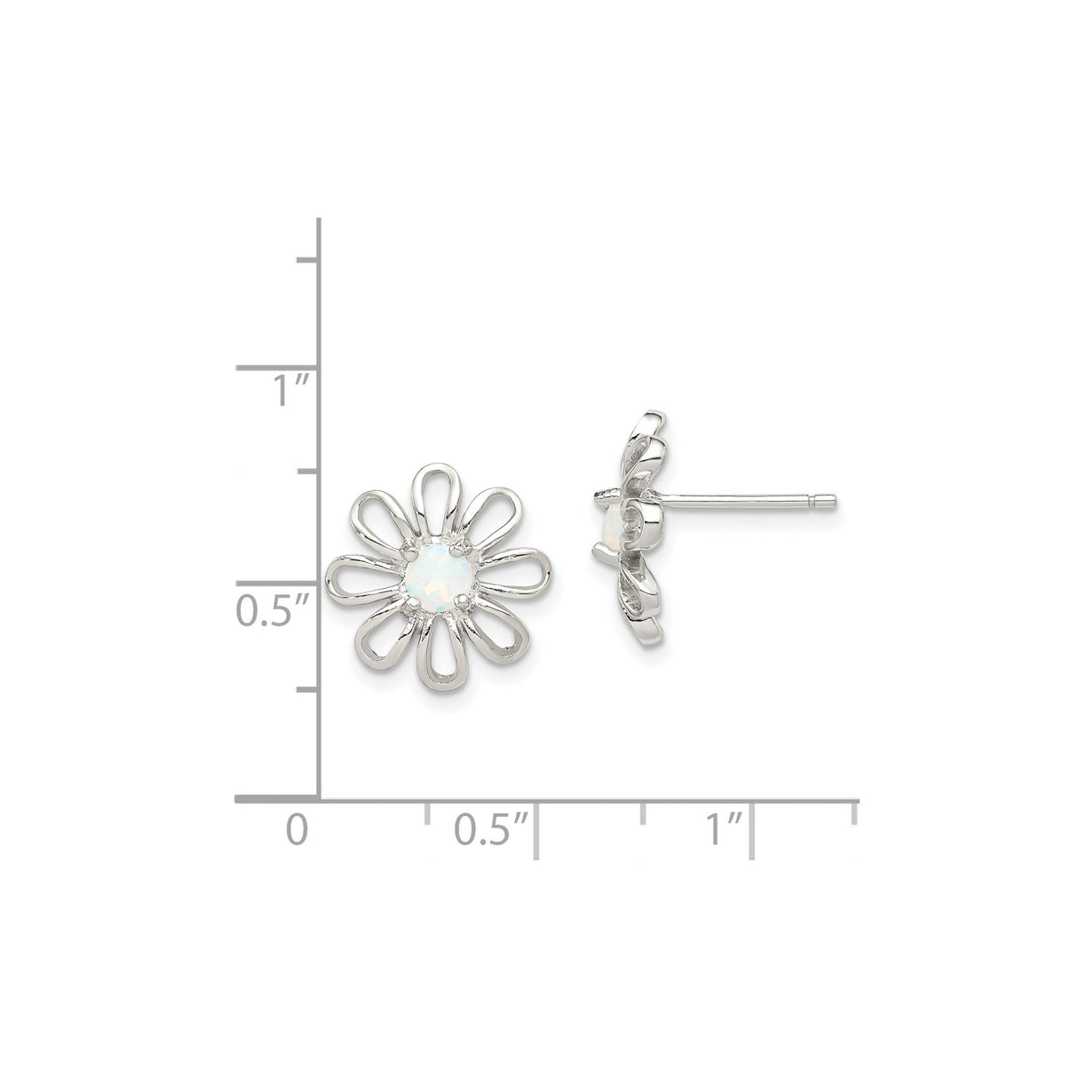 Sterling Silver Flower Stud Earrings with Created Opal Center and Open Petal Design