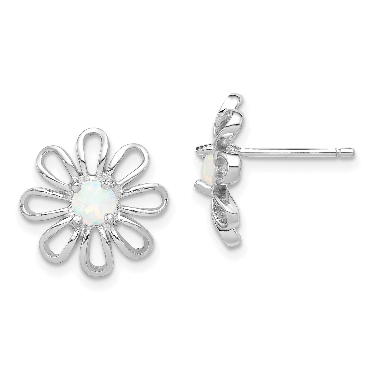 Sterling Silver Flower Stud Earrings with Created Opal Center and Open Petal Design