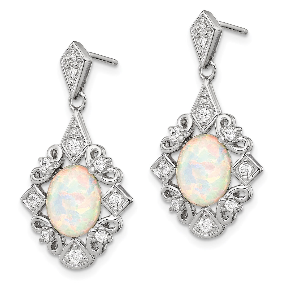 Sterling Silver Dangle Earrings with Opal and Cubic Zirconia, Vintage Filigree Design