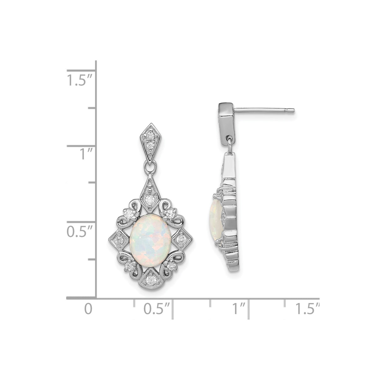 Sterling Silver Dangle Earrings with Opal and Cubic Zirconia, Vintage Filigree Design