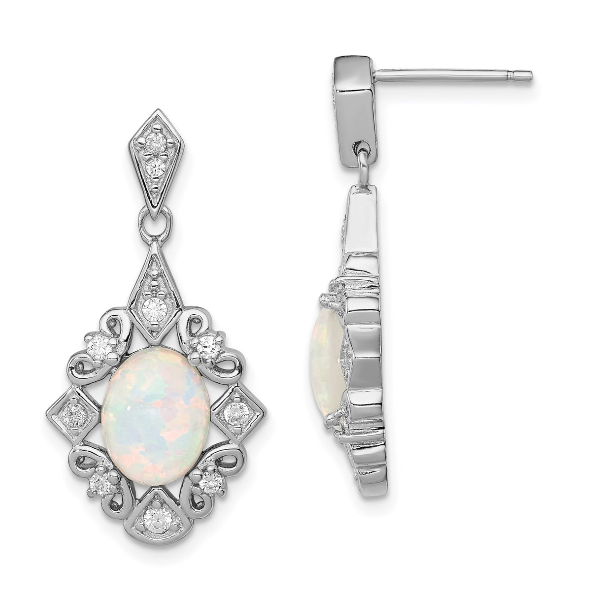 Sterling Silver Dangle Earrings with Opal and Cubic Zirconia, Vintage Filigree Design