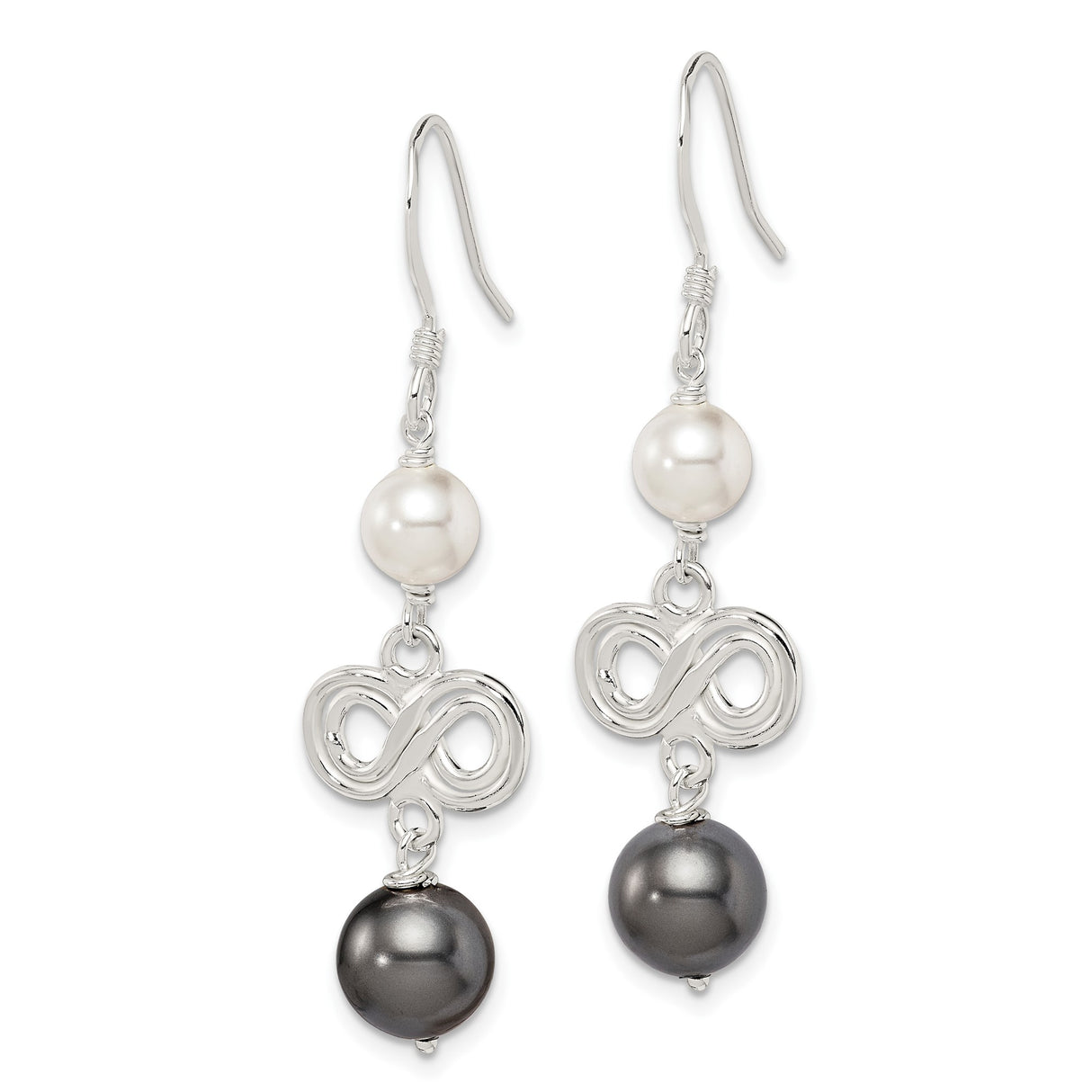 Sterling Silver Dangle Earrings with White and Black Simulated Pearls, Infinity Charm Design