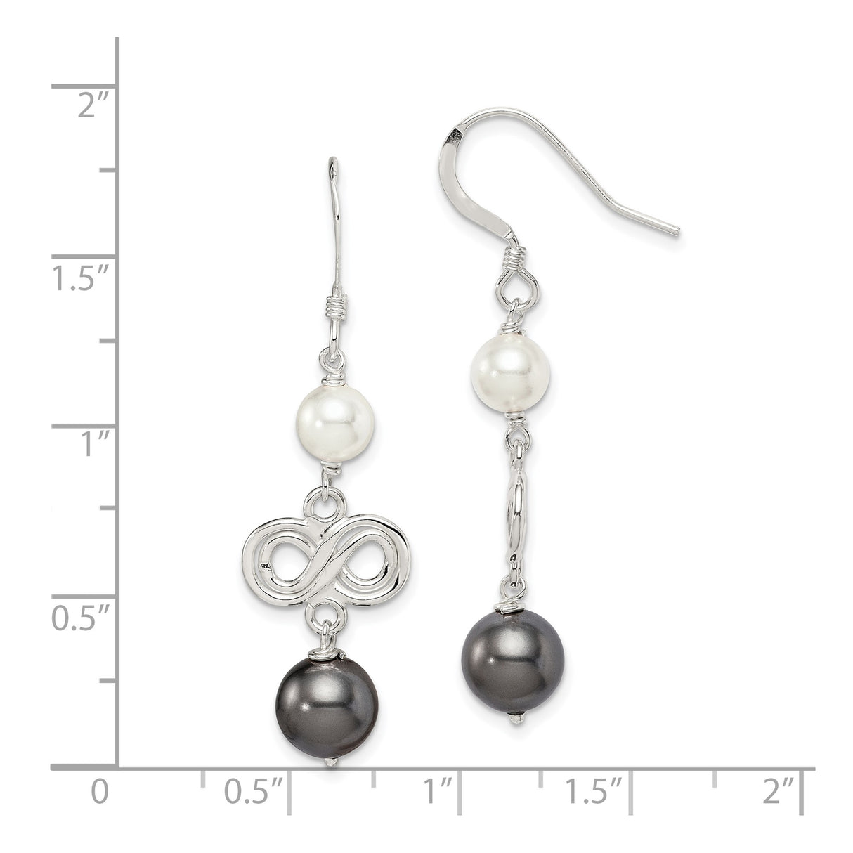 Sterling Silver Dangle Earrings with White and Black Simulated Pearls, Infinity Charm Design