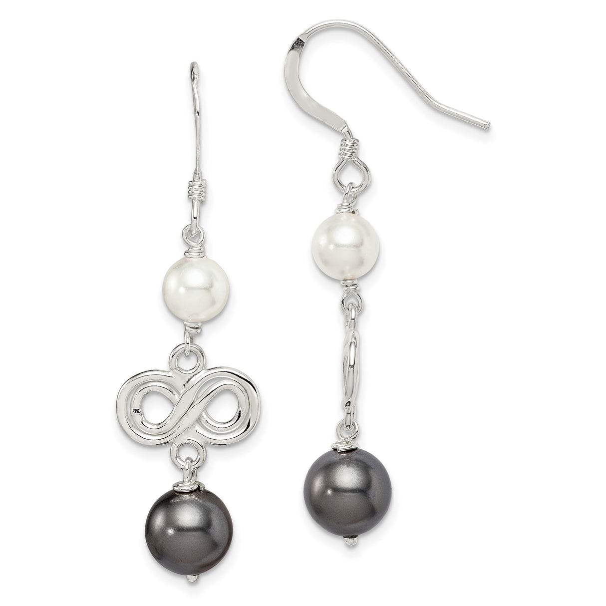 Sterling Silver Dangle Earrings with White and Black Simulated Pearls, Infinity Charm Design