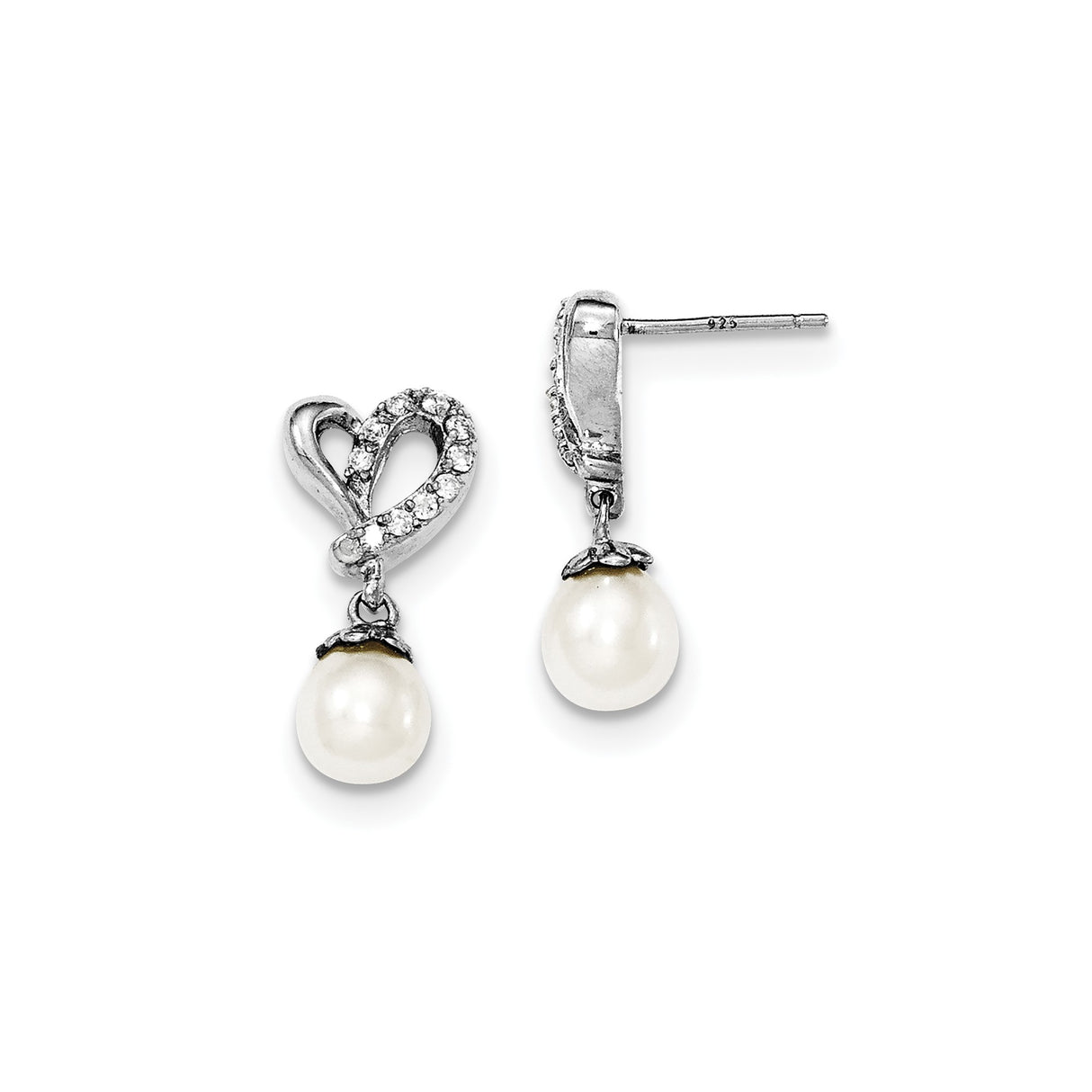 Sterling Silver Heart Drop Earrings with Cubic Zirconia and Pearl Dangles