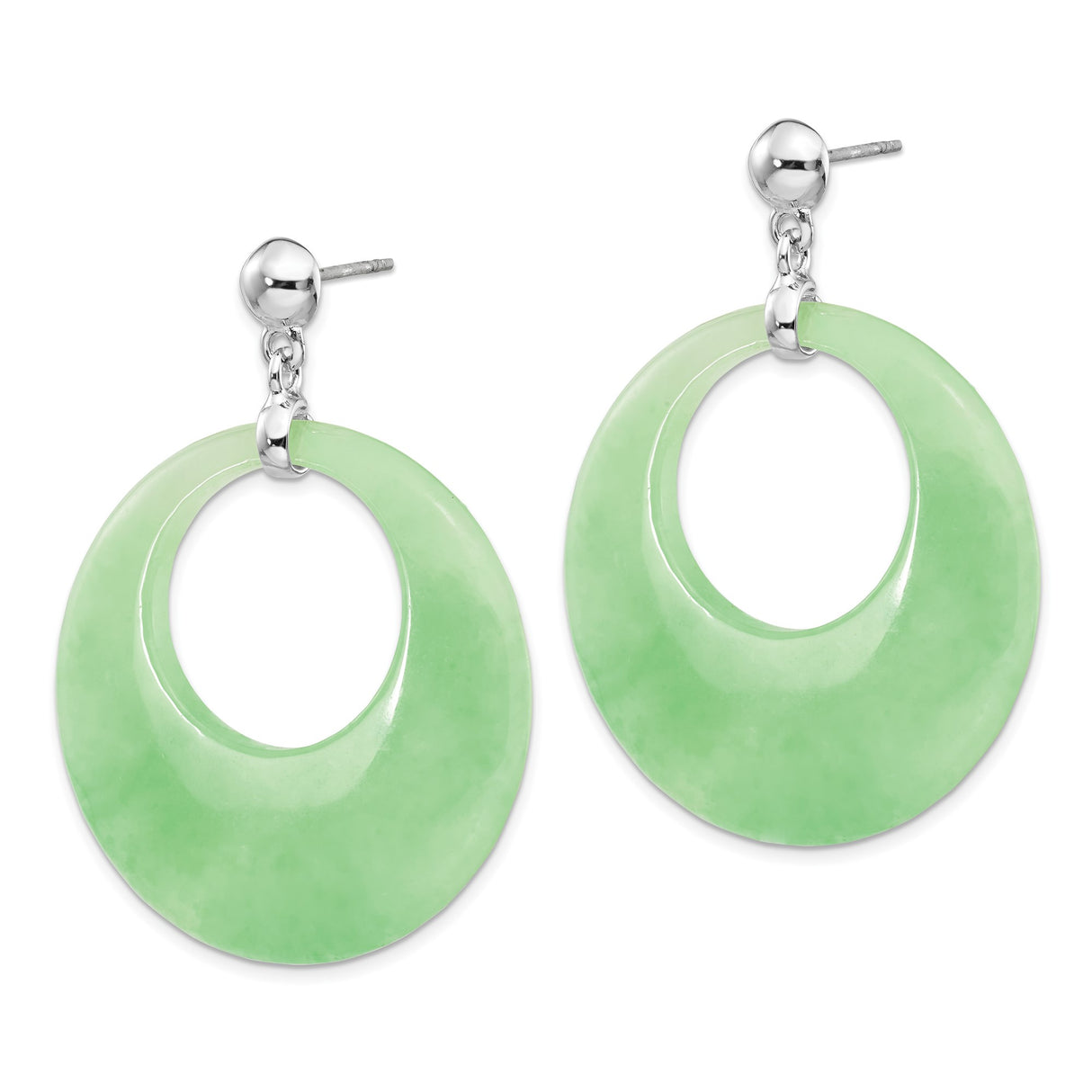 Sterling Silver Hoop Earrings with Green Jade in Circular Drop Design, Asian Inspired Jewelry
