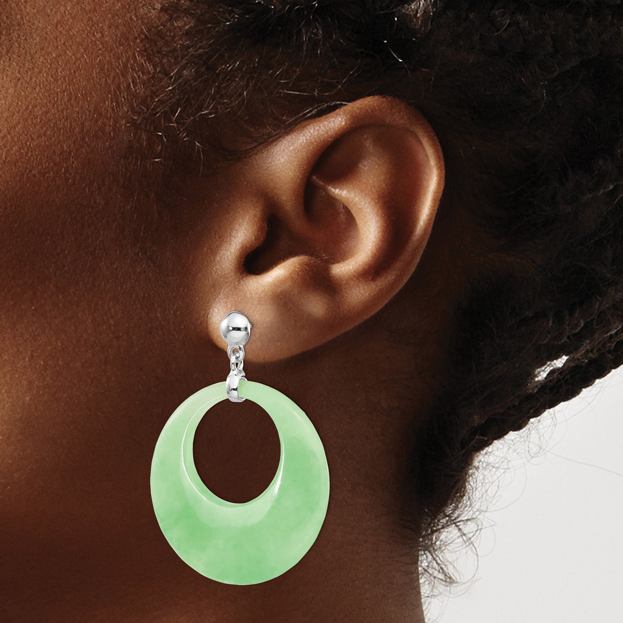 Sterling Silver Hoop Earrings with Green Jade in Circular Drop Design, Asian Inspired Jewelry