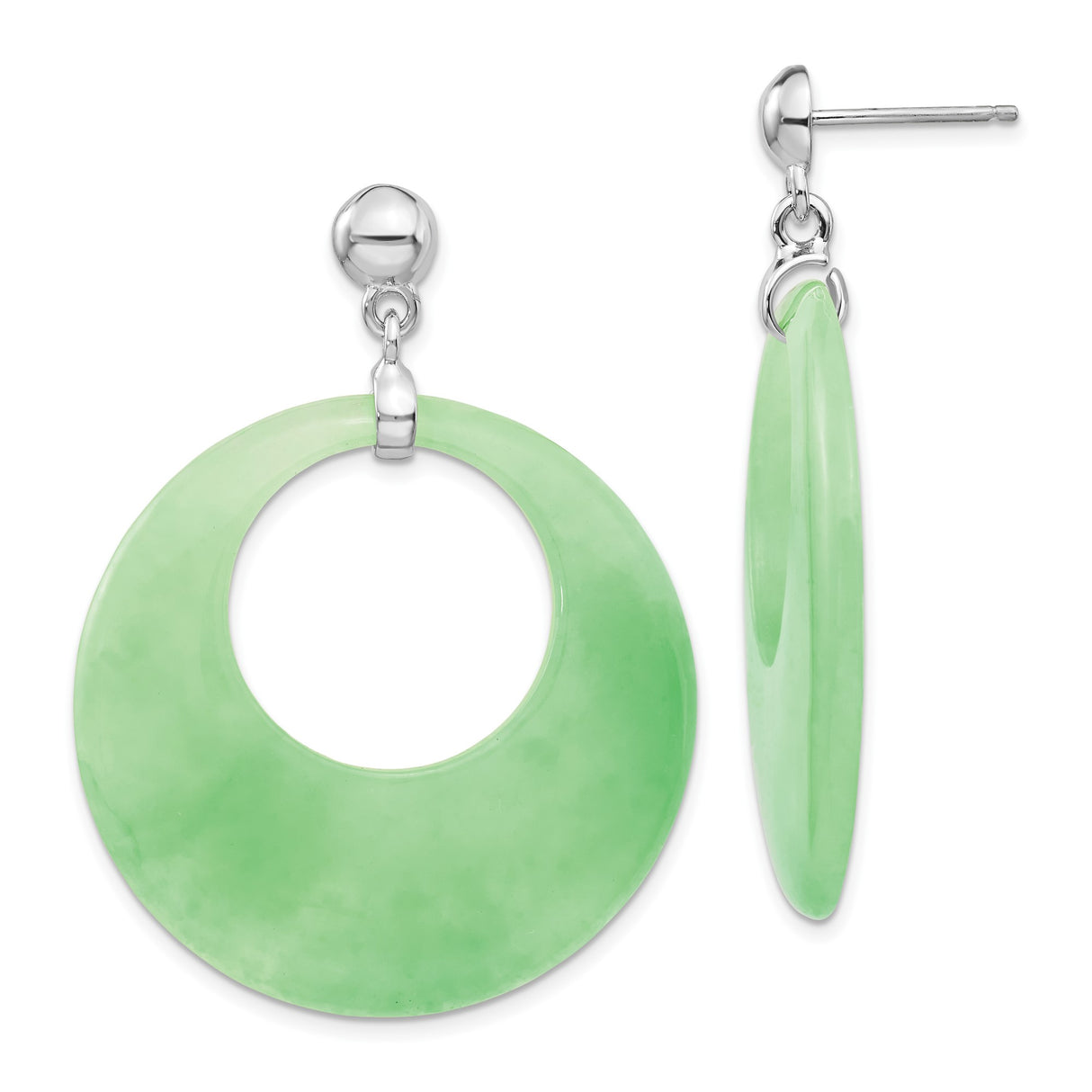 Sterling Silver Hoop Earrings with Green Jade in Circular Drop Design, Asian Inspired Jewelry