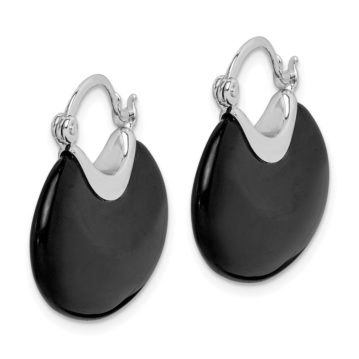 Sterling Silver Teardrop Hoop Earrings with Black Onyx, Modern Minimalist Drop Design