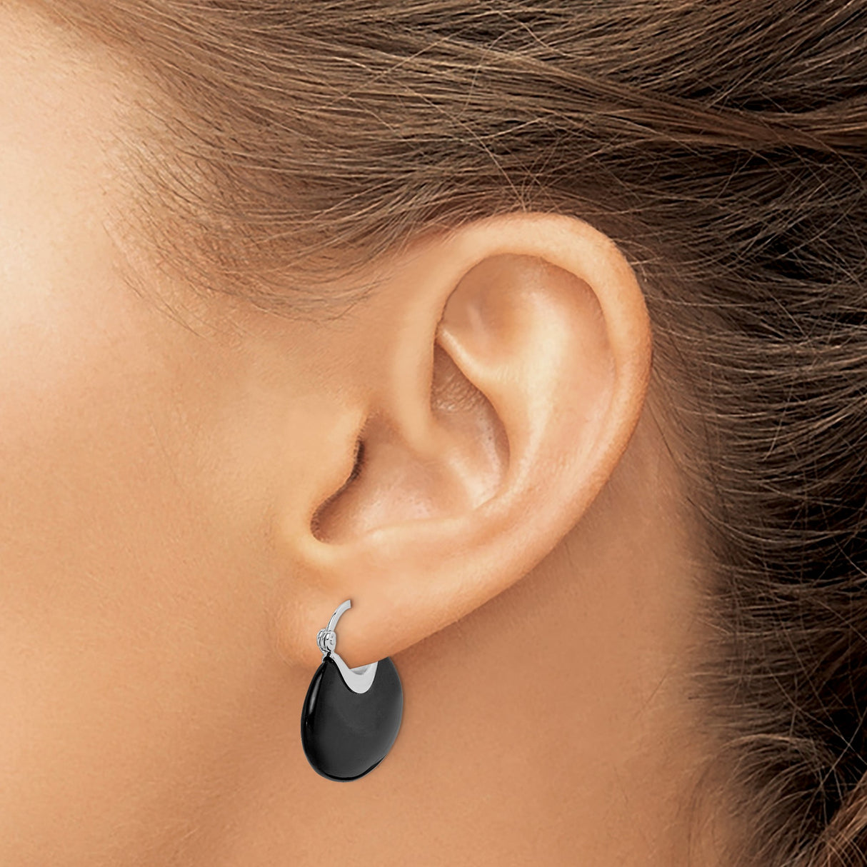Sterling Silver Teardrop Hoop Earrings with Black Onyx, Modern Minimalist Drop Design