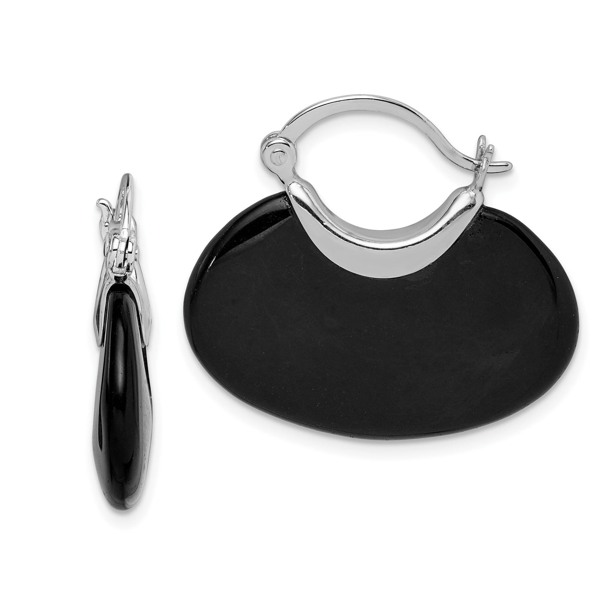 Sterling Silver Teardrop Hoop Earrings with Black Onyx, Modern Minimalist Drop Design