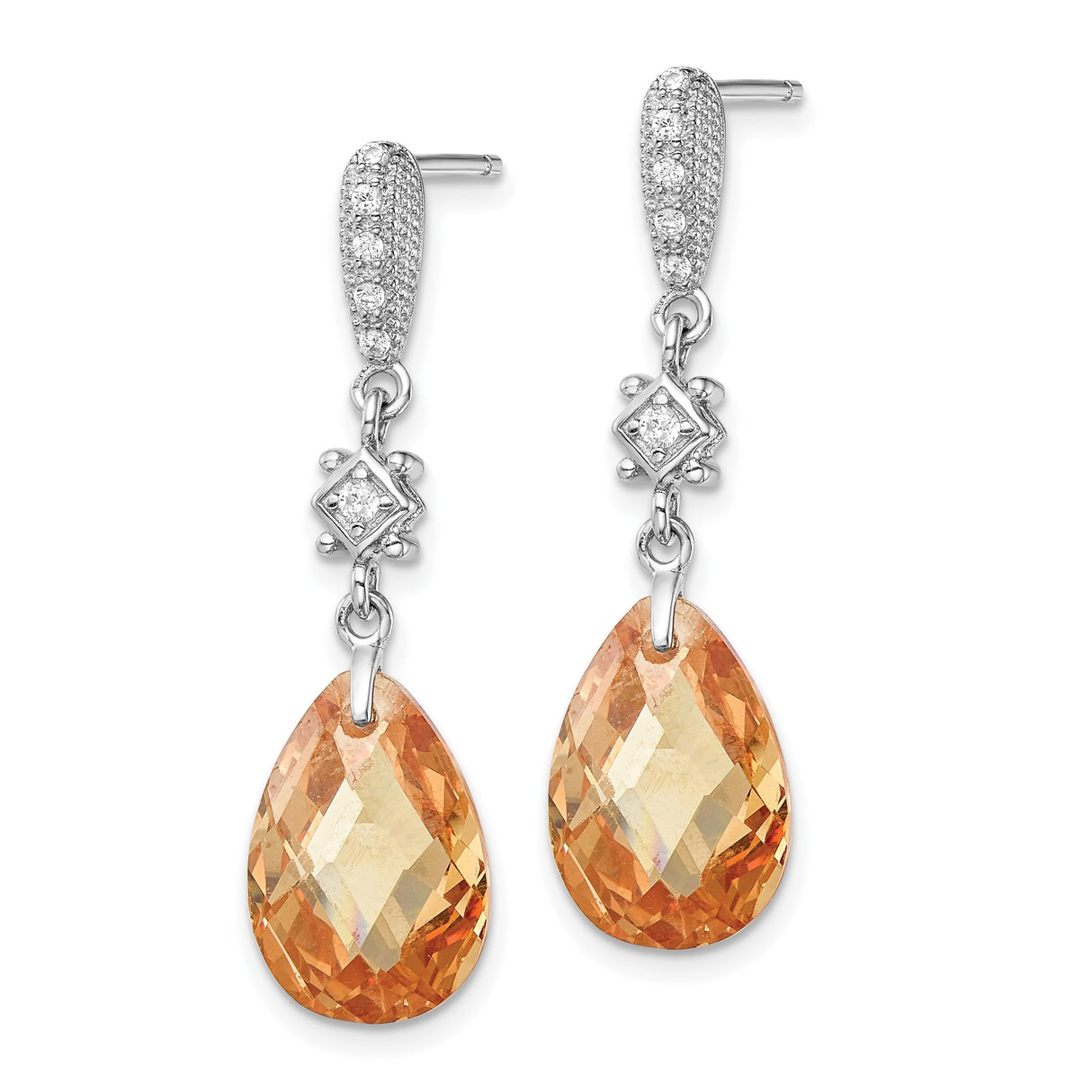 Sterling Silver Teardrop Dangle Earrings with Orange Cubic Zirconia and Pavé Accents