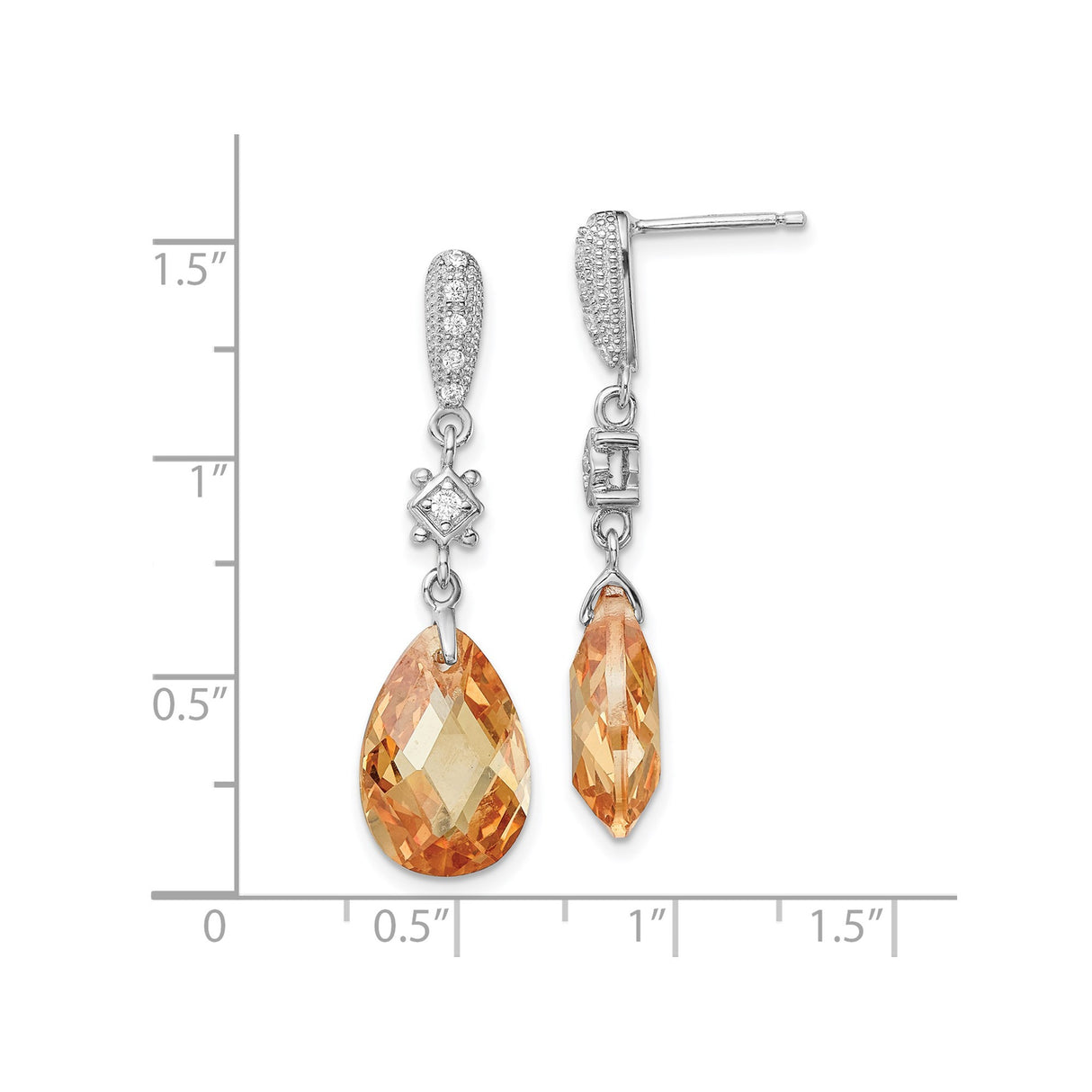 Sterling Silver Teardrop Dangle Earrings with Orange Cubic Zirconia and Pavé Accents