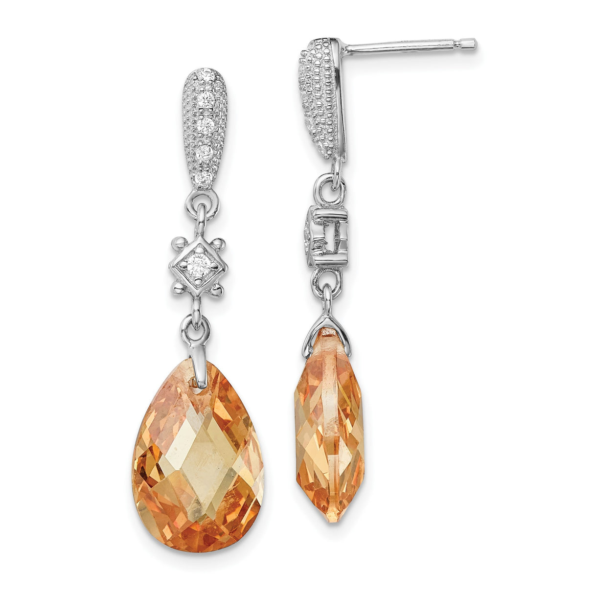 Sterling Silver Teardrop Dangle Earrings with Orange Cubic Zirconia and Pavé Accents
