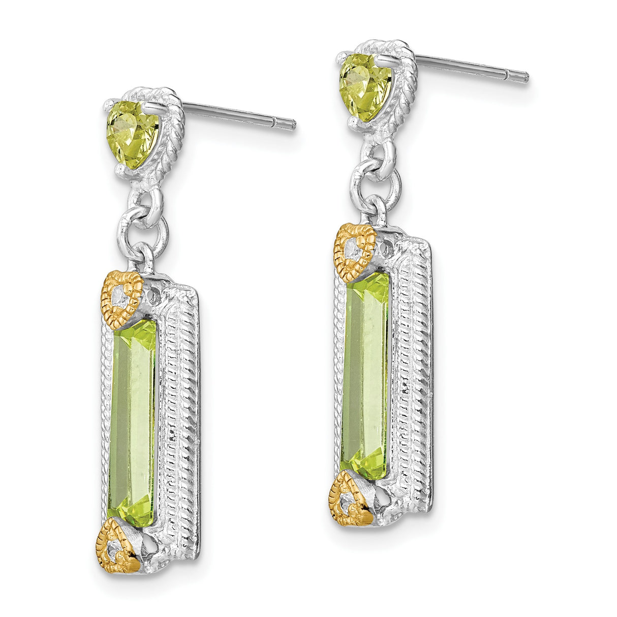 Sterling Silver Drop Earrings with Baguette Cut Peridot, Heart Accents, Cubic Zirconia