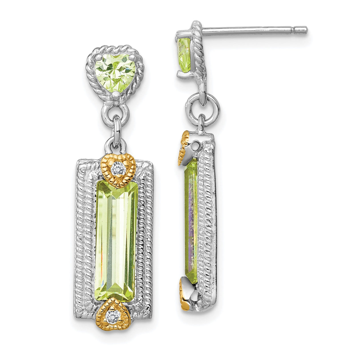 Sterling Silver Drop Earrings with Baguette Cut Peridot, Heart Accents, Cubic Zirconia