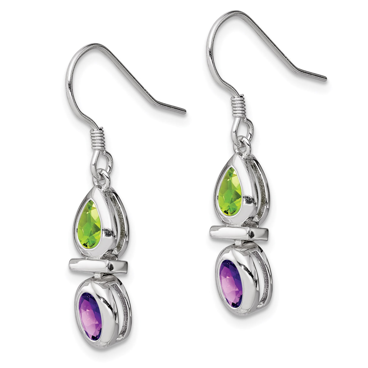 Sterling Silver Dangle Earrings with Peridot and Amethyst Dual-Stone Drop Design