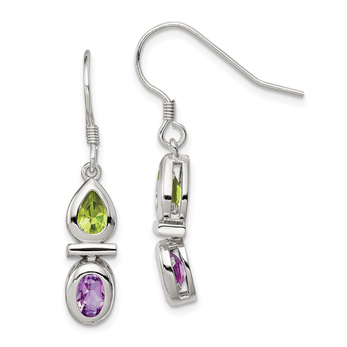 Sterling Silver Dangle Earrings with Peridot and Amethyst Dual-Stone Drop Design