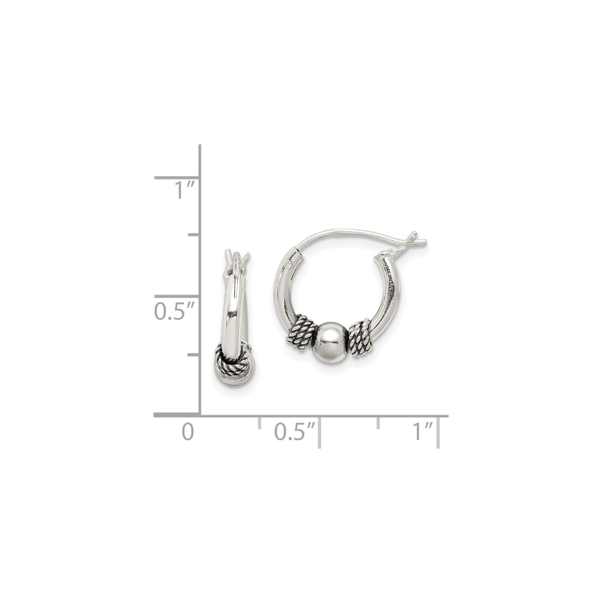 Sterling Silver Hoop Earrings with Polished Bead and Twisted Rope Accents, Unisex Bali Style