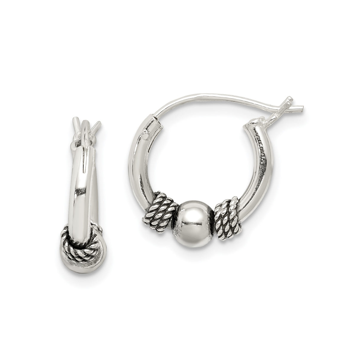 Sterling Silver Hoop Earrings with Polished Bead and Twisted Rope Accents, Unisex Bali Style