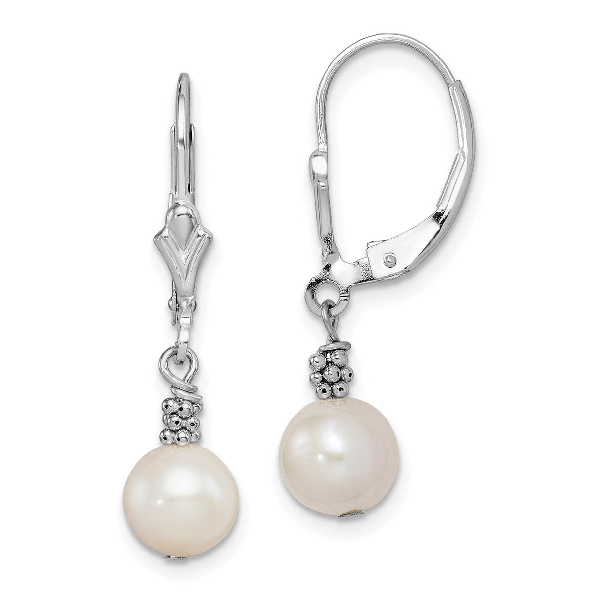 Sterling Silver Drop Earrings with White Freshwater Pearls, Beaded Accents, Leverback Closure