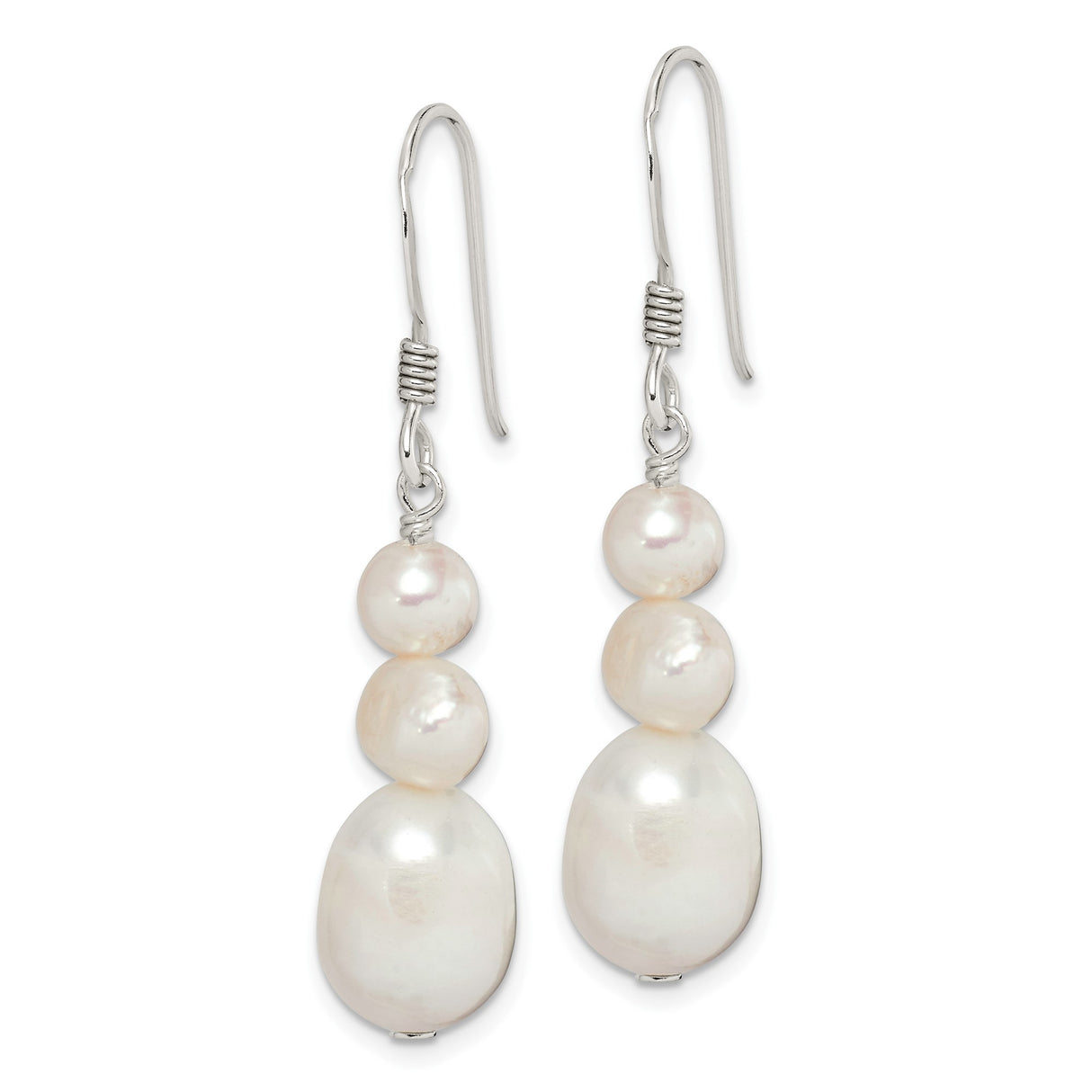 Sterling Silver Dangle Earrings with Graduated Freshwater Cultured Pearls, Long Drop Design