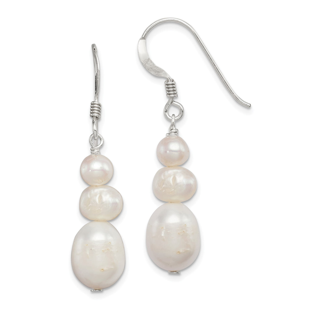 Sterling Silver Dangle Earrings with Graduated Freshwater Cultured Pearls, Long Drop Design