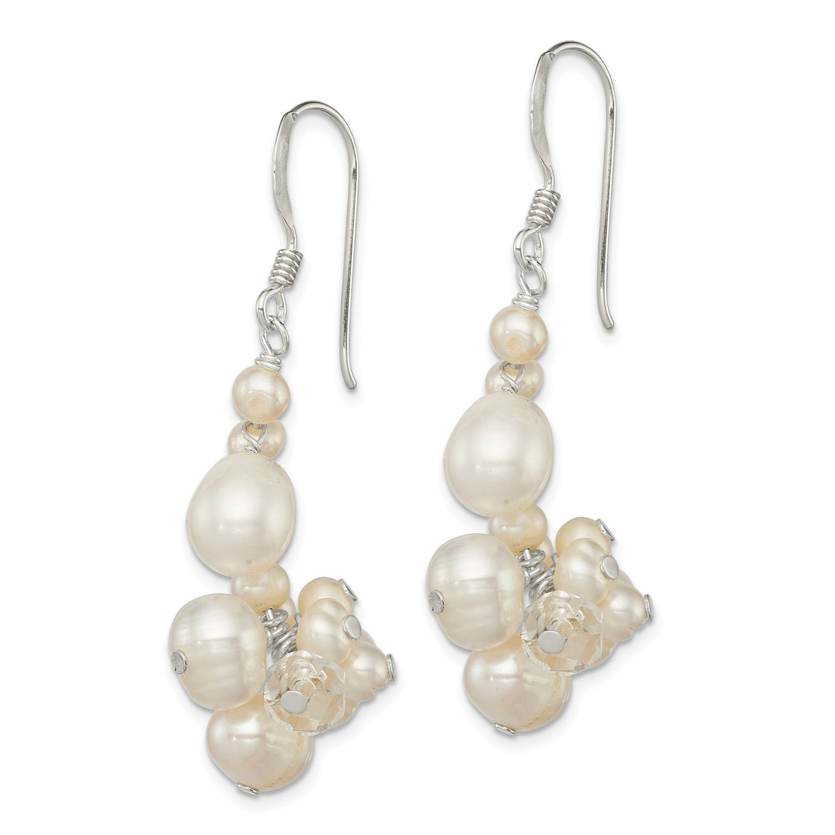 Sterling Silver Dangle Earrings with White Freshwater Pearls and Crystal Beads, Romantic Drop Style