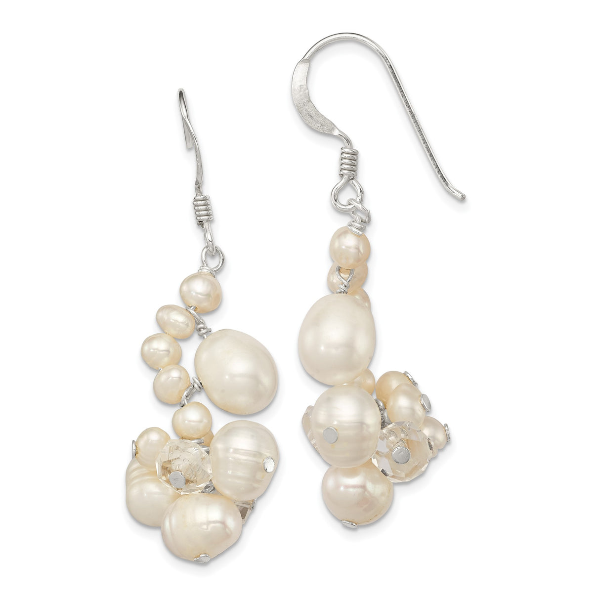 Sterling Silver Dangle Earrings with White Freshwater Pearls and Crystal Beads, Romantic Drop Style