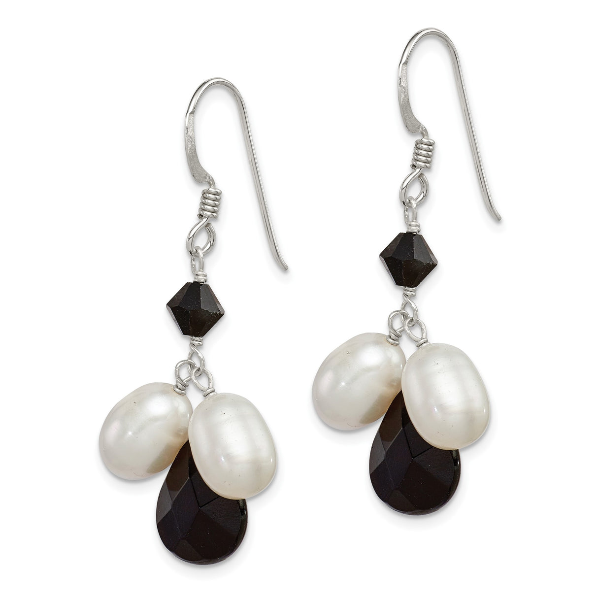 Sterling Silver Drop Earrings with Freshwater Pearls and Black Onyx, Long Dangle Style