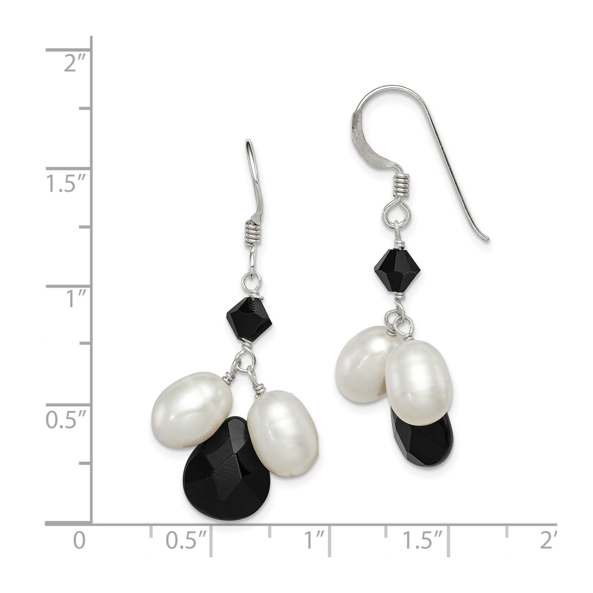 Sterling Silver Drop Earrings with Freshwater Pearls and Black Onyx, Long Dangle Style