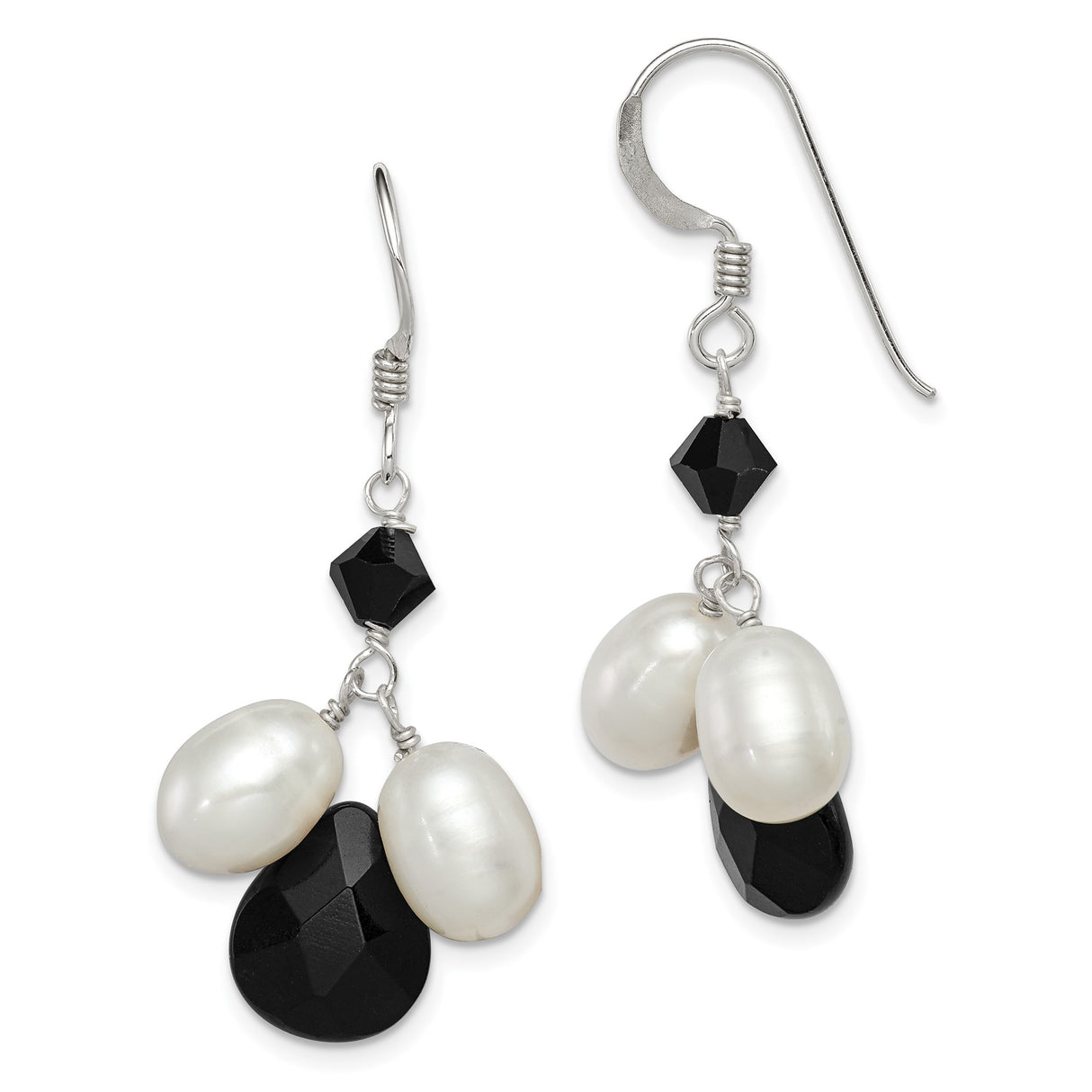 Sterling Silver Drop Earrings with Freshwater Pearls and Black Onyx, Long Dangle Style