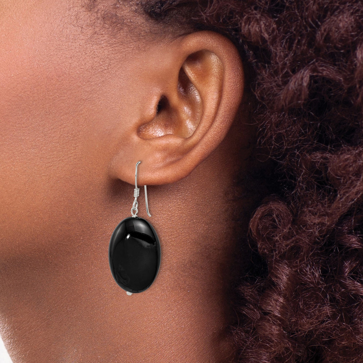 Sterling Silver Oval Dangle Earrings with Black Agate, Minimalist Drop Style for Women