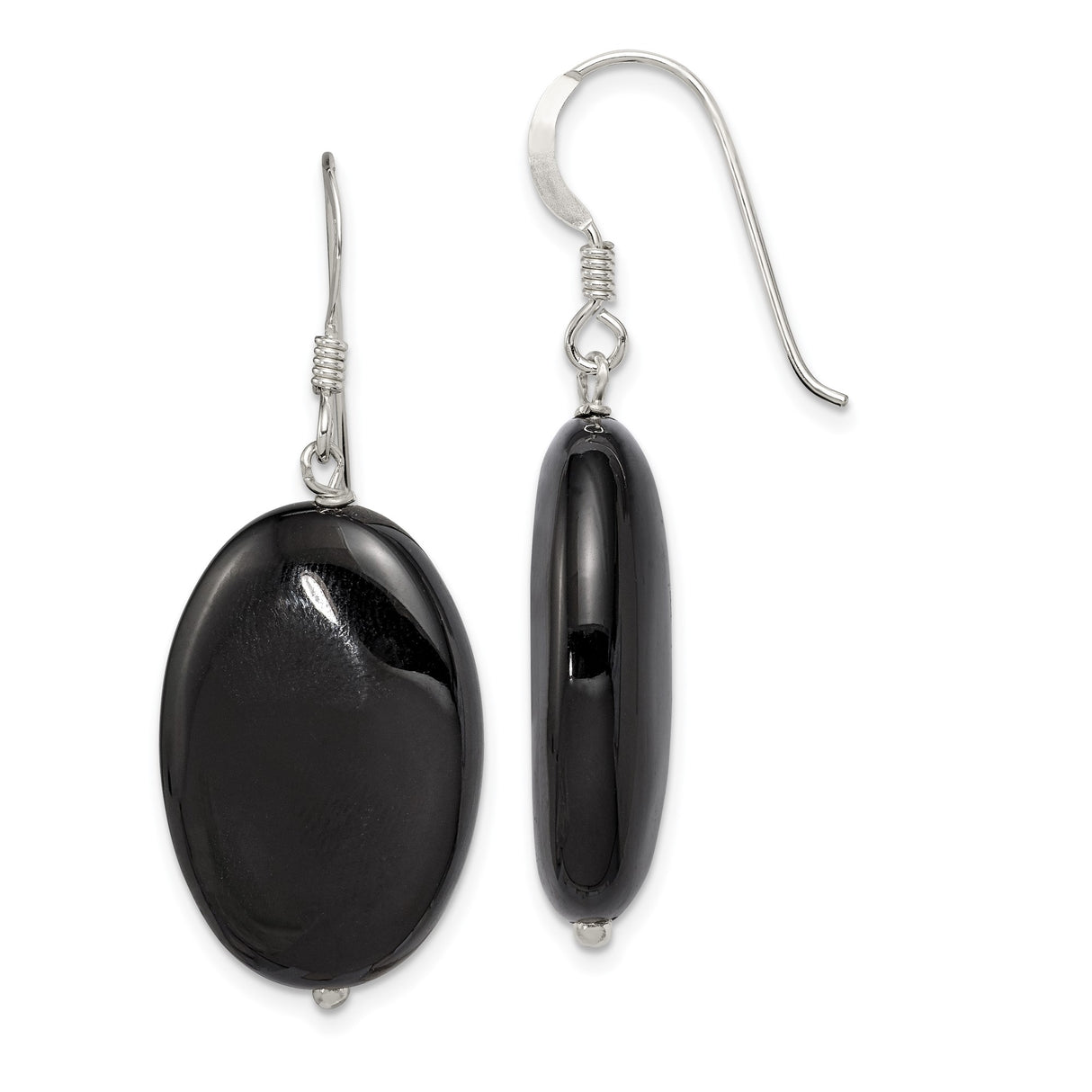 Sterling Silver Oval Dangle Earrings with Black Agate, Minimalist Drop Style for Women