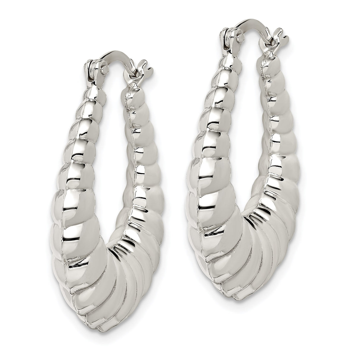 Sterling Silver Puffed Teardrop Hoop Earrings, Scalloped Texture, High Polish Finish