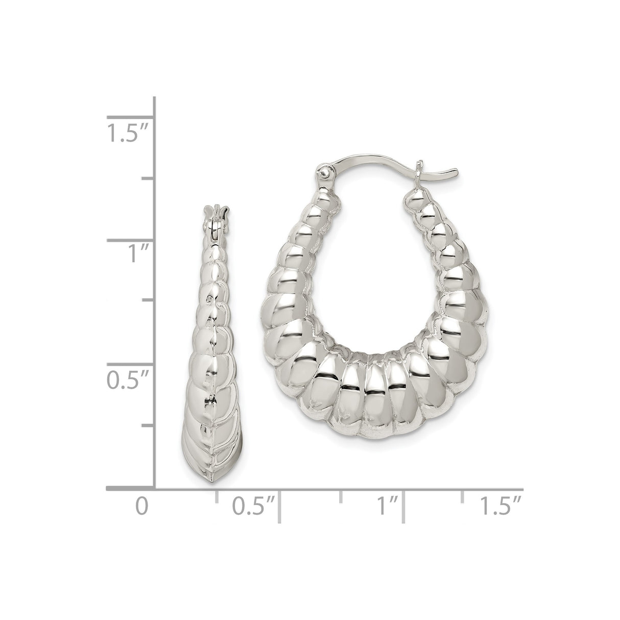 Sterling Silver Puffed Teardrop Hoop Earrings, Scalloped Texture, High Polish Finish