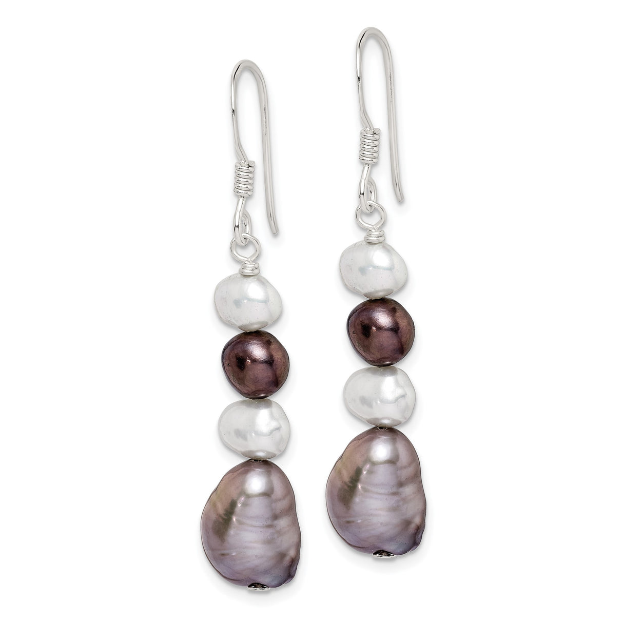 Sterling Silver Dangle Earrings with Natural Freshwater Pearls in White, Lavender, and Dark Purple Tones