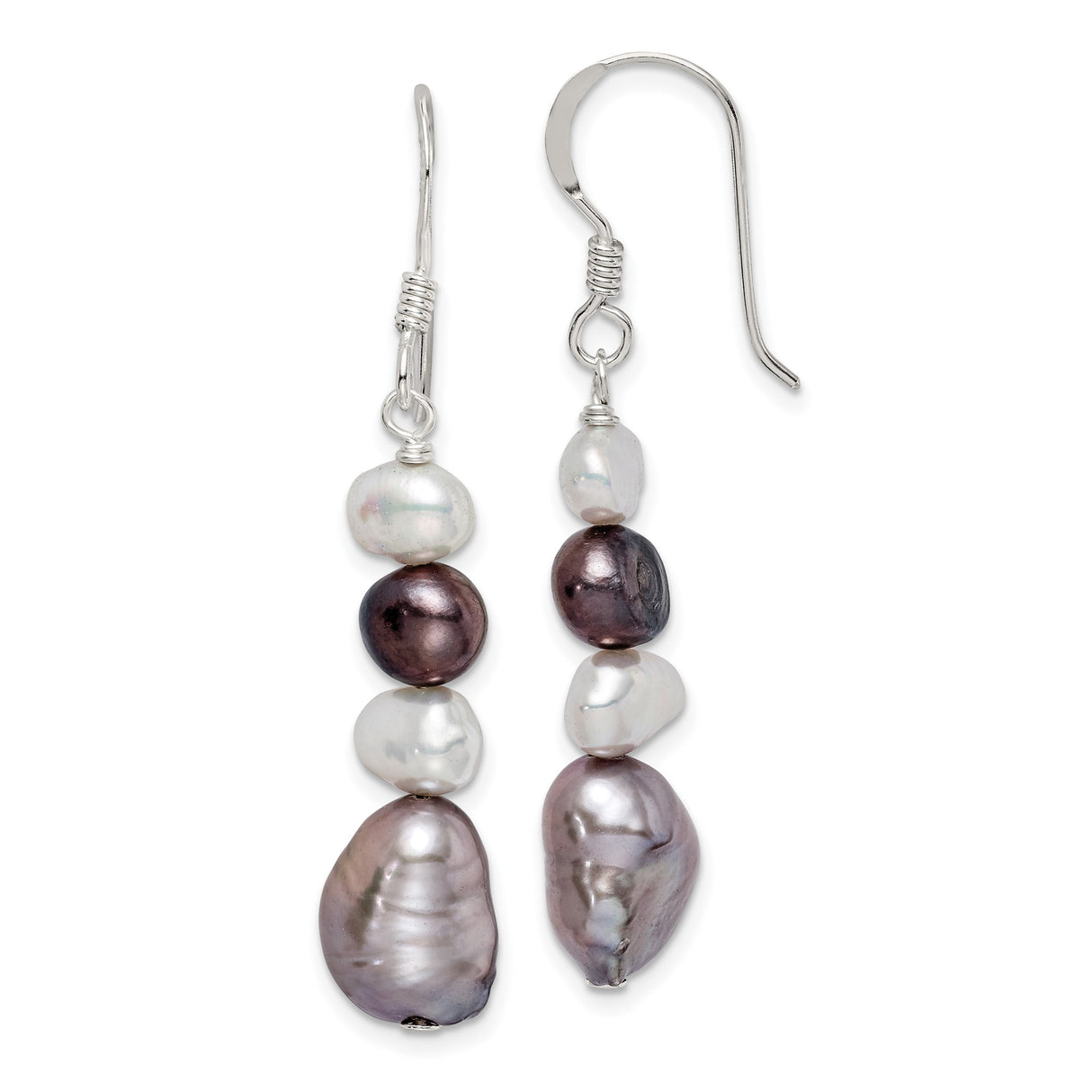 Sterling Silver Dangle Earrings with Natural Freshwater Pearls in White, Lavender, and Dark Purple Tones