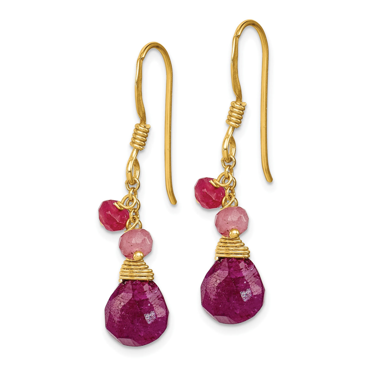 Sterling Silver Ruby Dangle Earrings, Gold Plated Long Drop, Wire Wrapped Boho Chic Jewelry