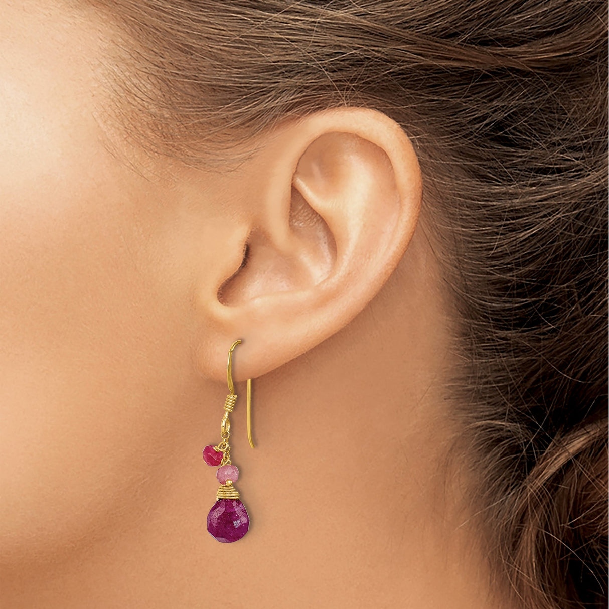 Sterling Silver Ruby Dangle Earrings, Gold Plated Long Drop, Wire Wrapped Boho Chic Jewelry