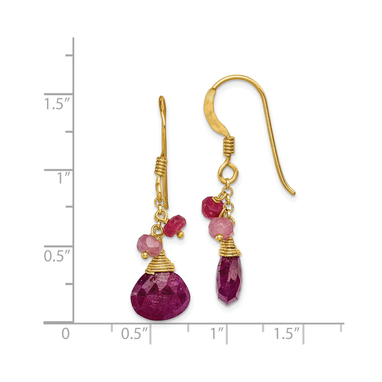 Sterling Silver Ruby Dangle Earrings, Gold Plated Long Drop, Wire Wrapped Boho Chic Jewelry