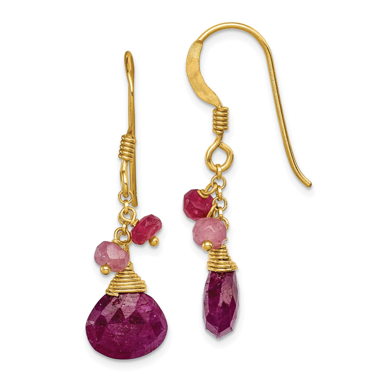 Sterling Silver Ruby Dangle Earrings, Gold Plated Long Drop, Wire Wrapped Boho Chic Jewelry