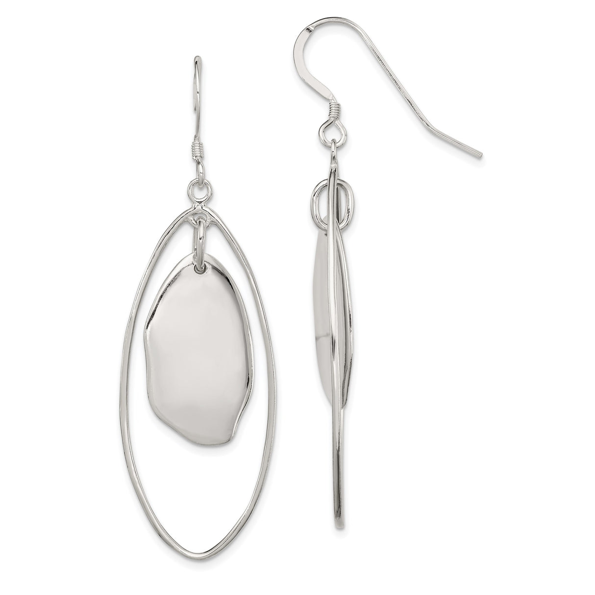 Sterling Silver Dangle Earrings with Abstract Pebble Charm in Open Oval Frame