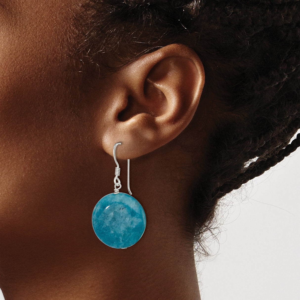 Sterling Silver Dangle Earrings with Blue Agate Discs, Minimalist Boho Style for Women