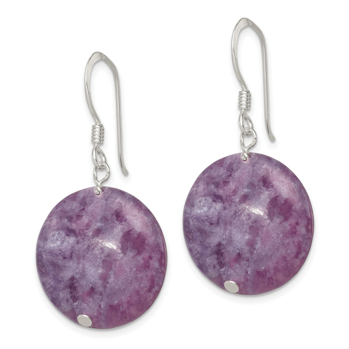 Sterling Silver Dangle Earrings with Lepidolite, Round Disc Design, Boho Minimalist Style