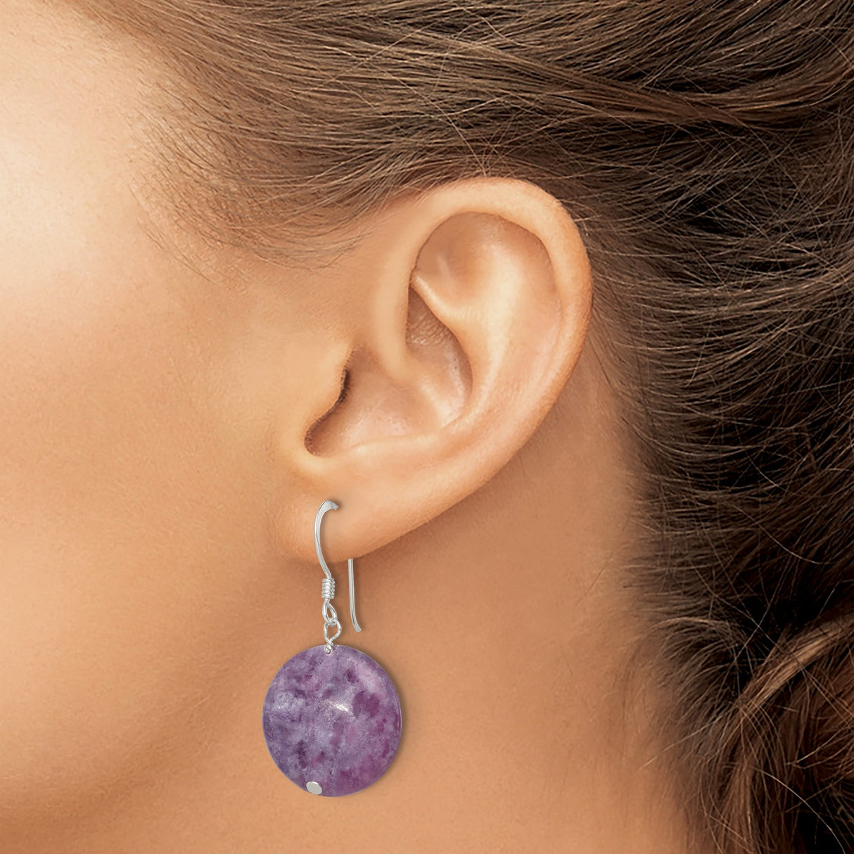 Sterling Silver Dangle Earrings with Lepidolite, Round Disc Design, Boho Minimalist Style