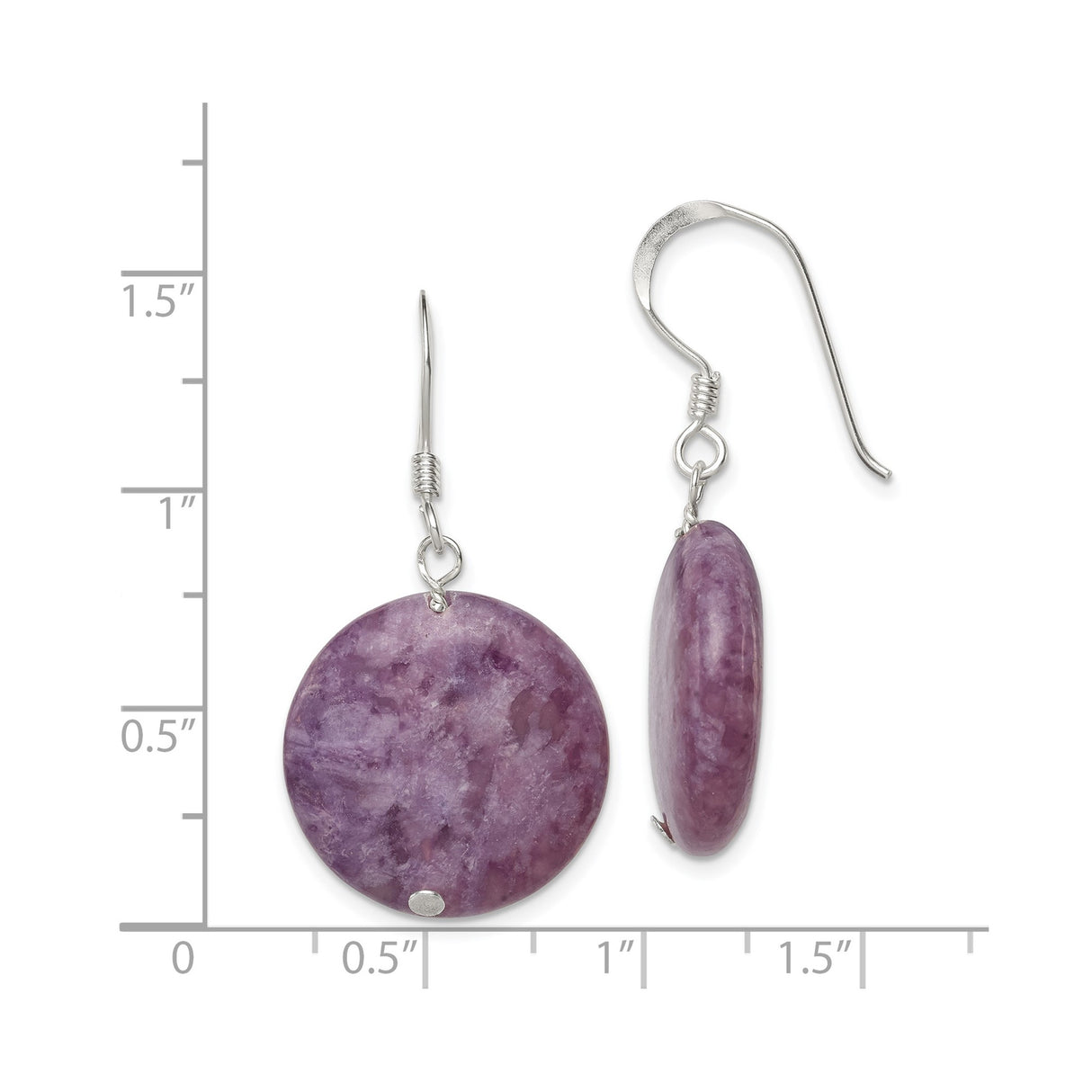 Sterling Silver Dangle Earrings with Lepidolite, Round Disc Design, Boho Minimalist Style