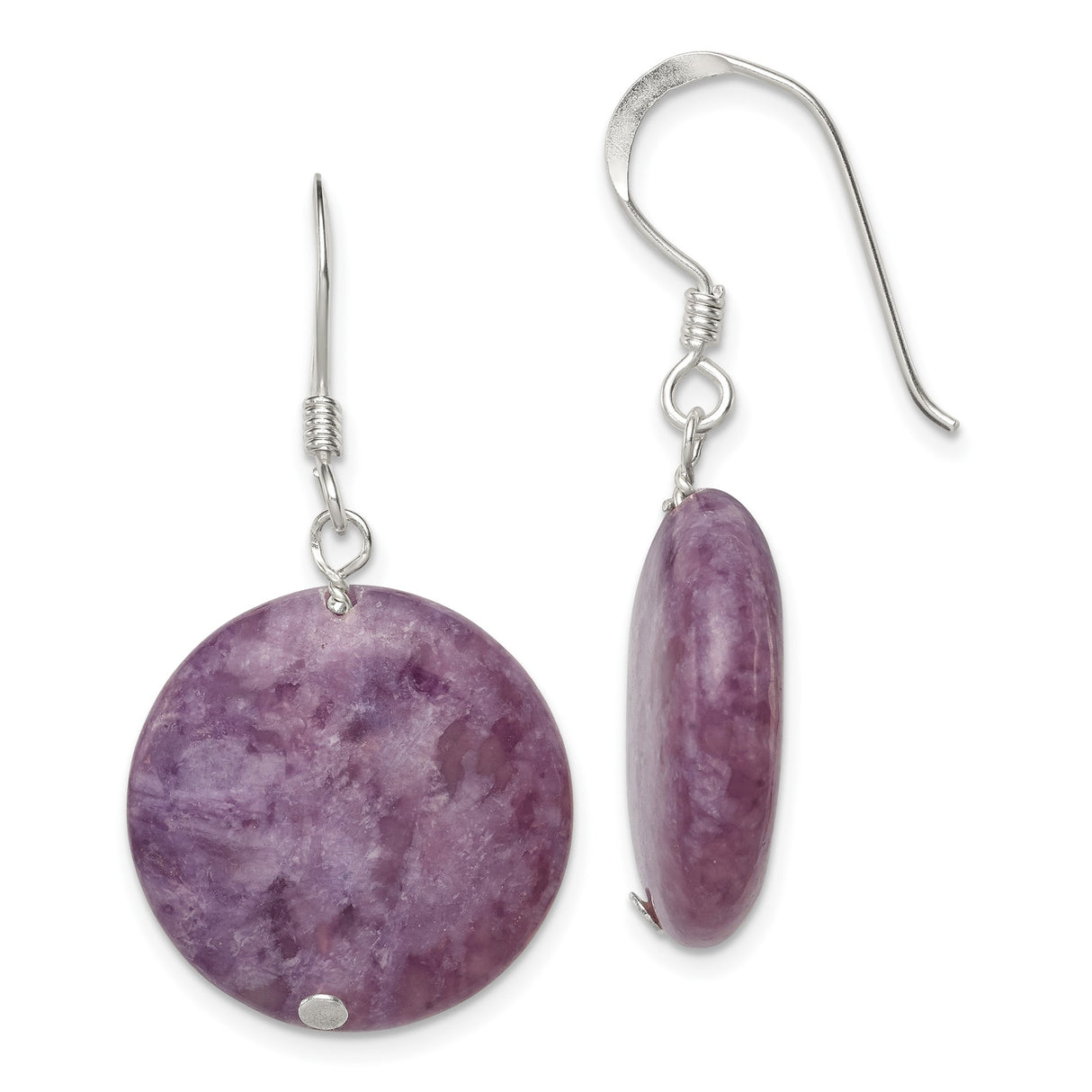 Sterling Silver Dangle Earrings with Lepidolite, Round Disc Design, Boho Minimalist Style